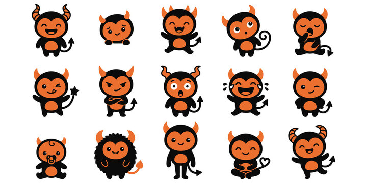 Set of cute little devil character stickers showing various expressions and poses for social media messaging apps