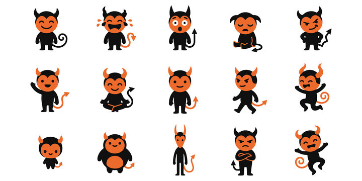 Set of cute cartoon devil character stickers showing various emotions and actions for creative design projects