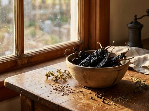 A ceramic bowl filled with dried chile pasilla sitting on a rustic wooden table near a window.