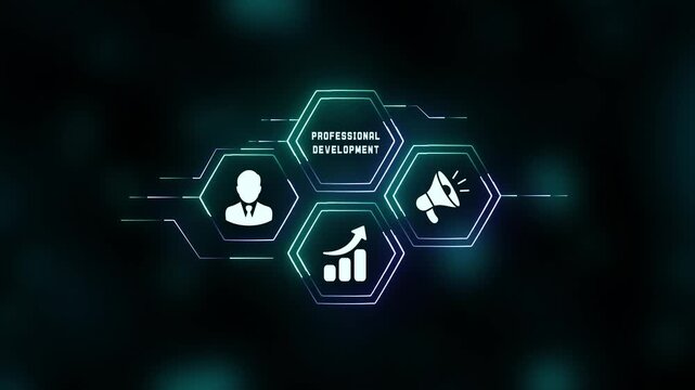 Digital hexagonal HUD interface featuring professional development text alongside business avatar, progress chart, and marketing megaphone icons