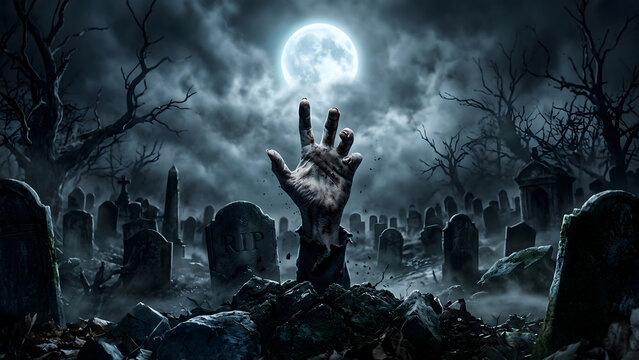 A scary zombie hand rising from a grave in a dark misty cemetery under a full moon