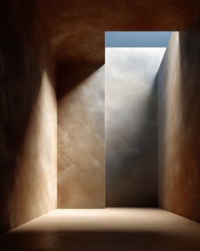 Abstract modern architecture with open skylight and textured walls, minimalistic interior space