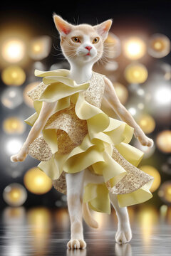 Anthropomorphic cute cat model walks confidently in a yellow ruffled dress on a fashion catwalk, with bright lights and a blurred background