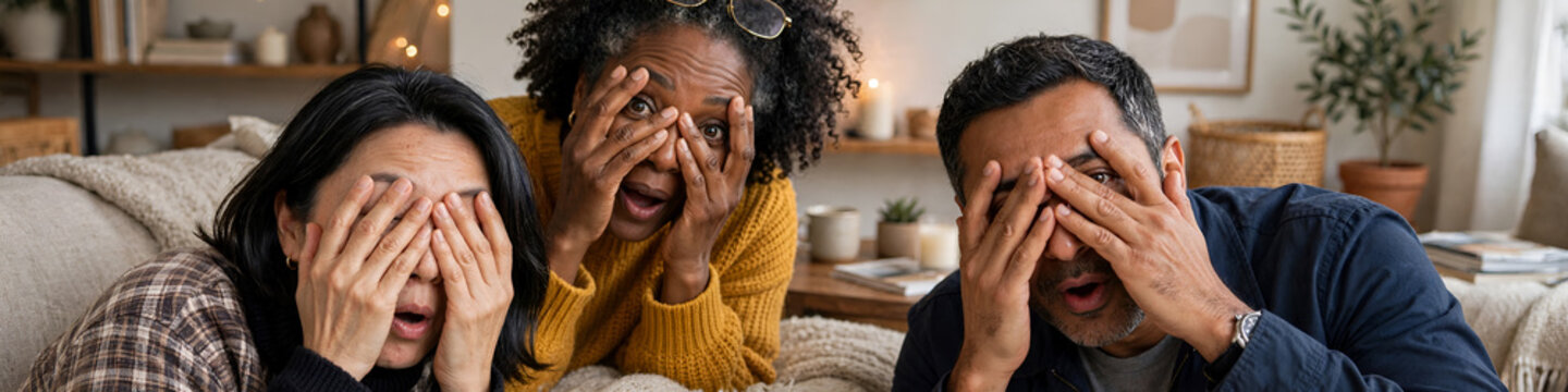 Three diverse friends peeking through fingers, covering eyes in emotional reaction, looking at camera or watching horror movie, with funny scared expression on their faces, sitting on sofa at home