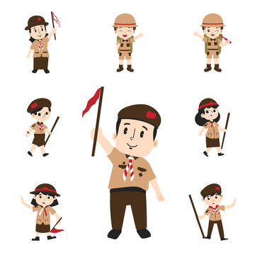Indonesian scout uniform character Boy and girl pramuka scouts vector set