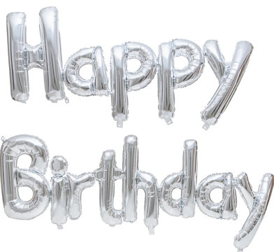 "Happy Birthday" in silver 3d balloons isolated on a transparent background