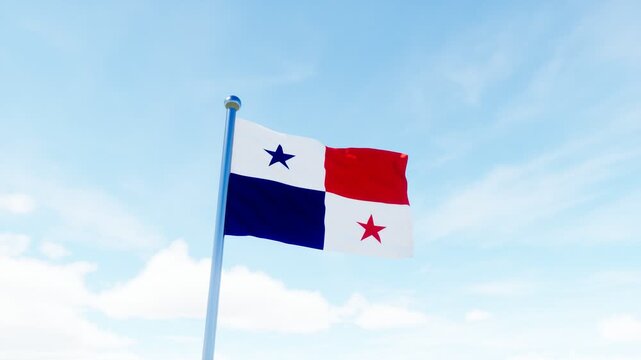 Panama national flag waving in a bright blue sky, ideal for patriotism, national identity, government, travel, and Central America concepts.