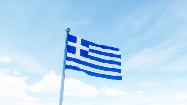 Greek national flag waving in a bright blue sky, ideal for patriotism, national identity, travel, government, and European country concepts.