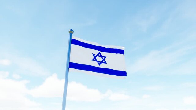 Israel national flag waving in a bright blue sky, ideal for patriotism, national identity, government, culture, and Middle East concepts.