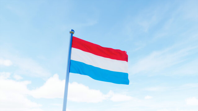 Luxembourg national flag waving in a bright blue sky, ideal for patriotism, national identity, government, travel, and European country concepts.