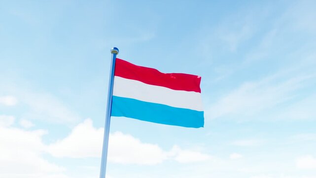 Luxembourg national flag waving in a bright blue sky, ideal for patriotism, national identity, government, travel, and European country concepts.