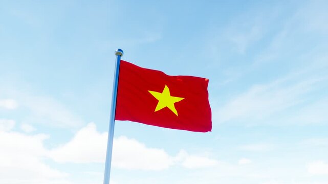Vietnam national flag waving in a bright blue sky, ideal for patriotism, national identity, government, travel, and Southeast Asia concepts.