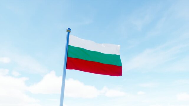 Bulgaria national flag waving in a bright blue sky, ideal for patriotism, national identity, government, travel, and Eastern Europe concepts.