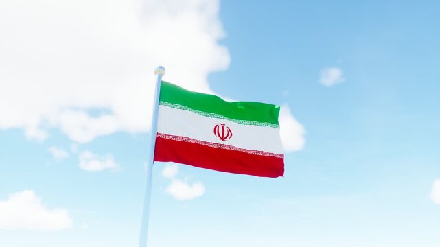 Iran national flag waving in a bright blue sky, ideal for patriotism, national identity, government, travel, and Middle East concepts.