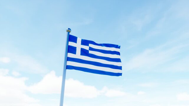 Greek national flag waving in a bright blue sky, ideal for patriotism, national identity, travel, government, and European country concepts.