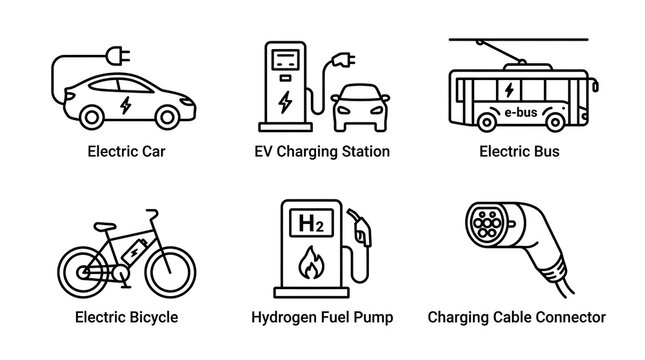 Sustainable Transport and Electric Vehicle Line Icon Set