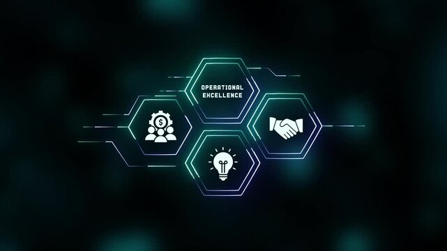 Futuristic digital HUD interface displaying operational excellence concept with glowing neon hexagon business icons
