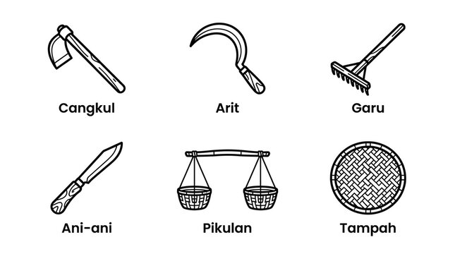 Traditional Indonesian Farming Tools Line Art Icon Set