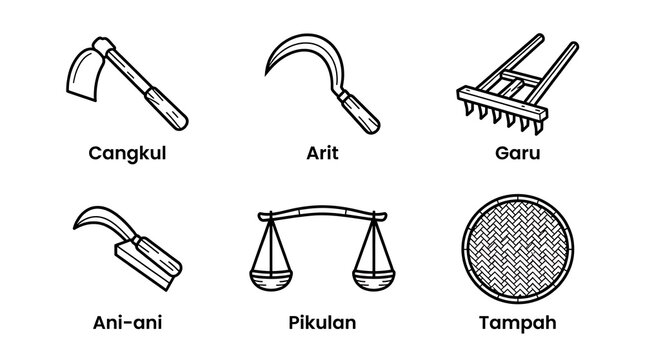 Traditional Indonesian Farming Tool Line Art Icon Set