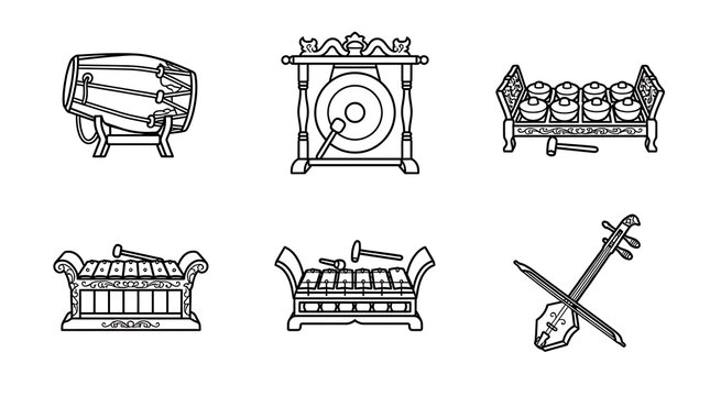 Traditional Indonesian Gamelan Musical Instrument Line Art Set