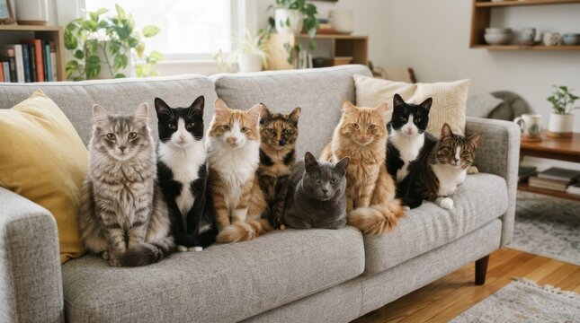 Seven diverse cats sitting together on a grey sofa in a cozy living room