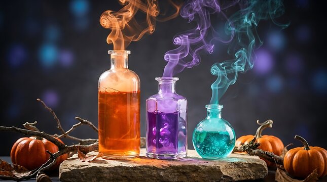 Three colorful magic potion bottles with smoke and pumpkins