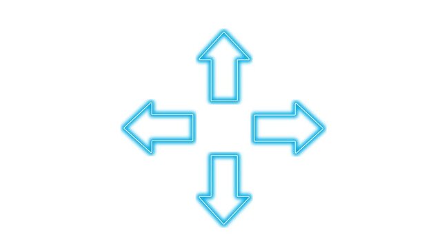 Animated Blue Neon Four Direction Arrow on White Background, Navigation Pointer Motion Graphic Loop