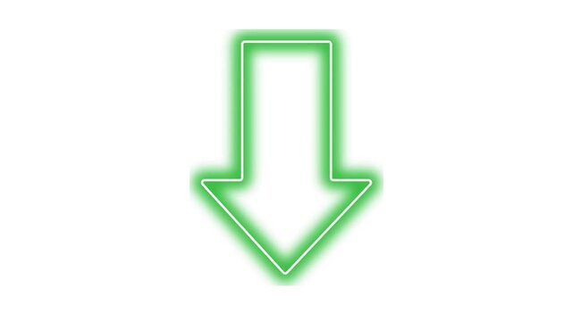 Animated Green Neon Down Arrow on Black Background, Glowing Direction Pointer Motion Graphic Loop