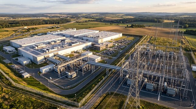 Golden Hour Aerial of a Large White Data Center Campus Facing a Big High Voltage Switchyard With Lattice Transmission Towers and Converging Power Lines by a Winding River Industry