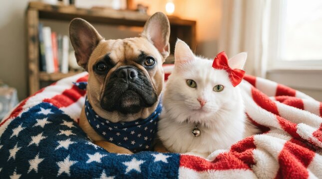 French bulldog and white cat sitting together on an american flag blanket