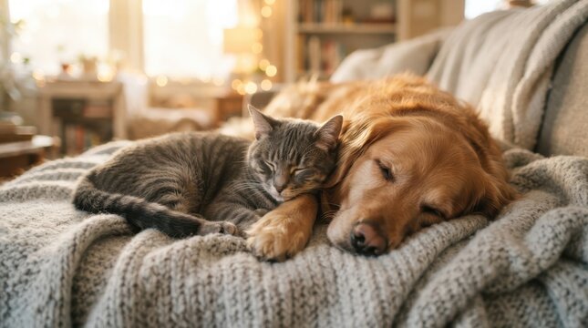 A golden retriever dog and a tabby cat sleeping together on a cozy blanket