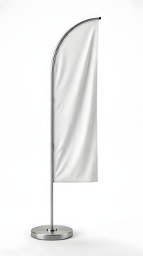 Mockup of a white feather flag or swooper banner with a metal pole and circular base on a white background.