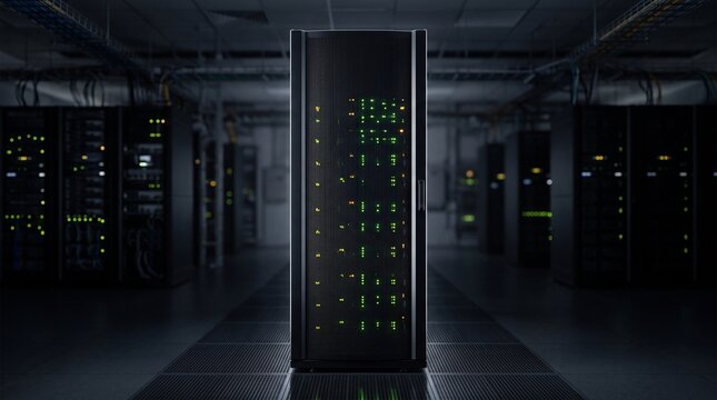 Three Quarter View of a Single Closed Black Server Cabinet on a Raised Floor Tile in a Dark Data Hall Its Mesh Front Door Backlit by Scattered Green and Amber Status LEDs Technology
