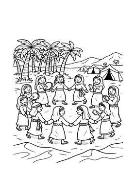 Miriam and Hebrew Women Dancing and Celebrating After the Exodus from Egypt, Biblical Coloring Page, AI-Generated
