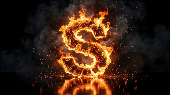 Fiery letter S burning in intense flames with smoke and glowing embers on a reflective black background