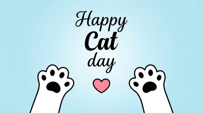 Happy cat day greeting card with cute white cat paws and pink heart