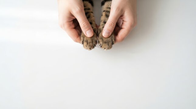 Person holding a cats paws isolated on white background