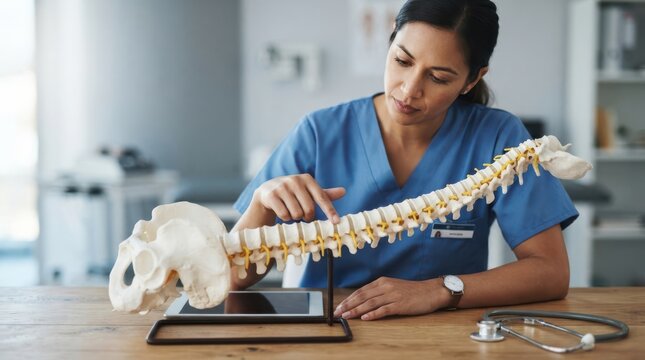 Female doctor pointing at a human spine model in a medical office