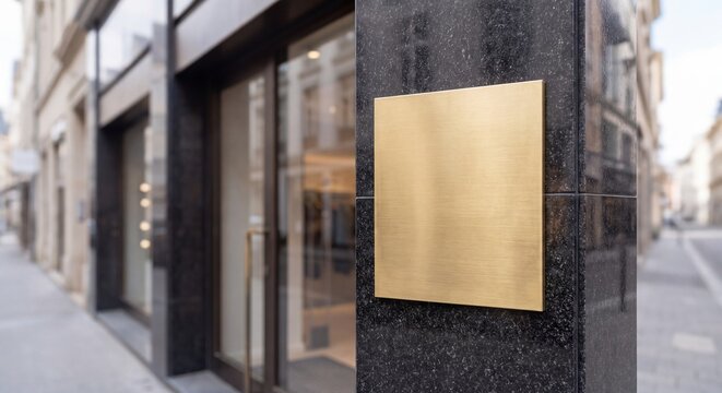 Blank square brushed brass plaque sign mockup on polished black granite pillar outside modern retail store entrance