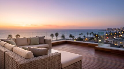 Fototapeta premium Outdoor rooftop lounge deck overlooking ocean sunset and coastal city skyline with comfortable sofas.
