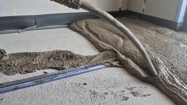 Pouring and spreading lightweight polystyrene concrete over heating pipes and corrugated conduits on a room floor.