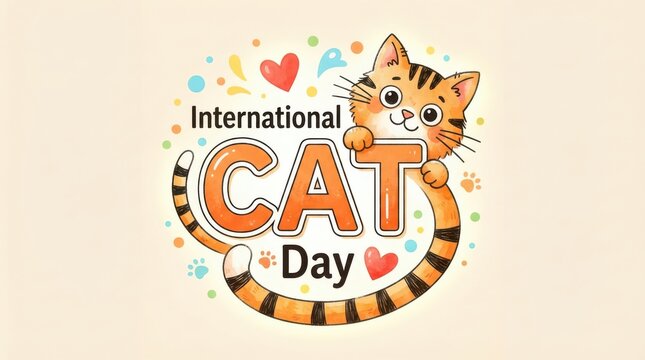 International cat day greeting card with cute cartoon tiger cat