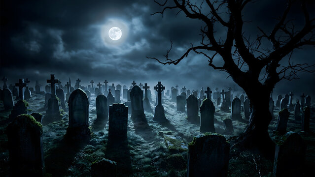 A spooky halloween graveyard scene featuring weathered tombstones under a bright full moon with dark clouds and a silhouette of a dead tree