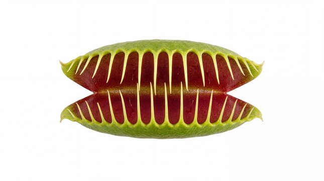 Venus flytrap plant with open jaws displaying sharp green teeth and red interior on white background