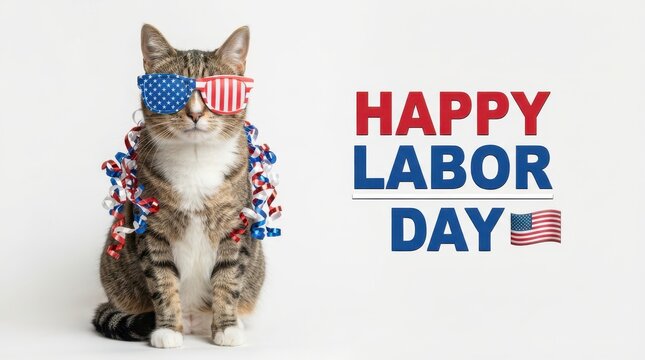 Funny cat wearing american flag sunglasses isolated on white background