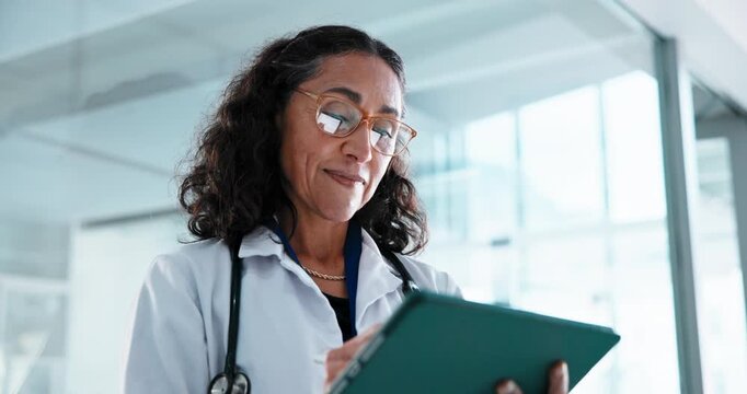 Woman, tablet and doctor with healthcare report, admin information or telehealth schedule. Tech, scroll and mature person with medical records, pen or insurance update with checklist in hospital
