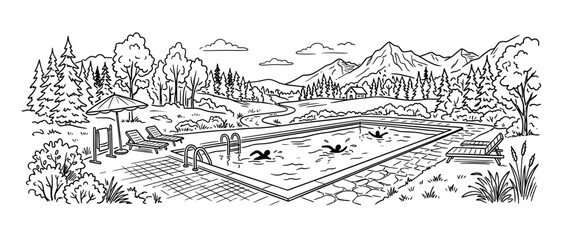 Fototapeta premium Outdoor swimming pool with people swimming, mountain landscape