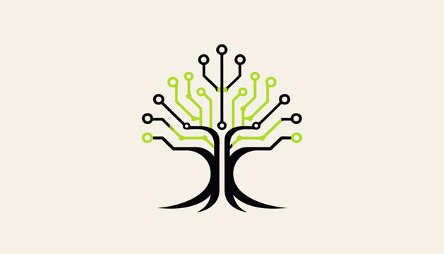 Digital tree logo vector illustration representing technology, nature, growth, and connectivity in a modern minimalist style