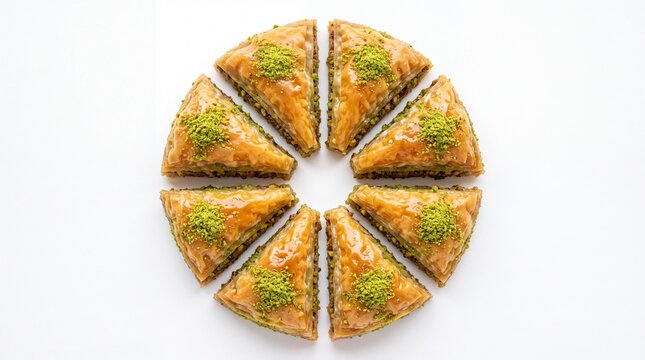 Golden pistachio baklava pastry triangles arranged in a circular pattern isolated flatly on white background