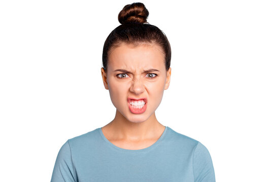 Close up photo beautiful amazing she her lady terrible situation grinning toothy mouth I would kill you not fear way conclusion solution wear casual sweater pullover isolated blue bright background